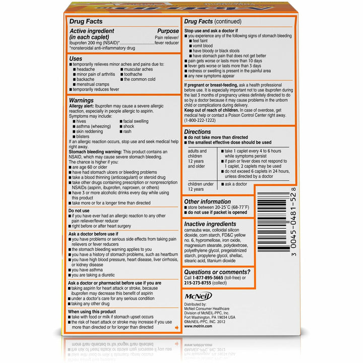 Image of Motrin 48152 IB Ibuprofen Tablets, For Headache, Muscular Pain, Backache, Toothache, Arthritis, Common Cold, Menstrual Cramp, Fever, 2/Pack, 50 / Box