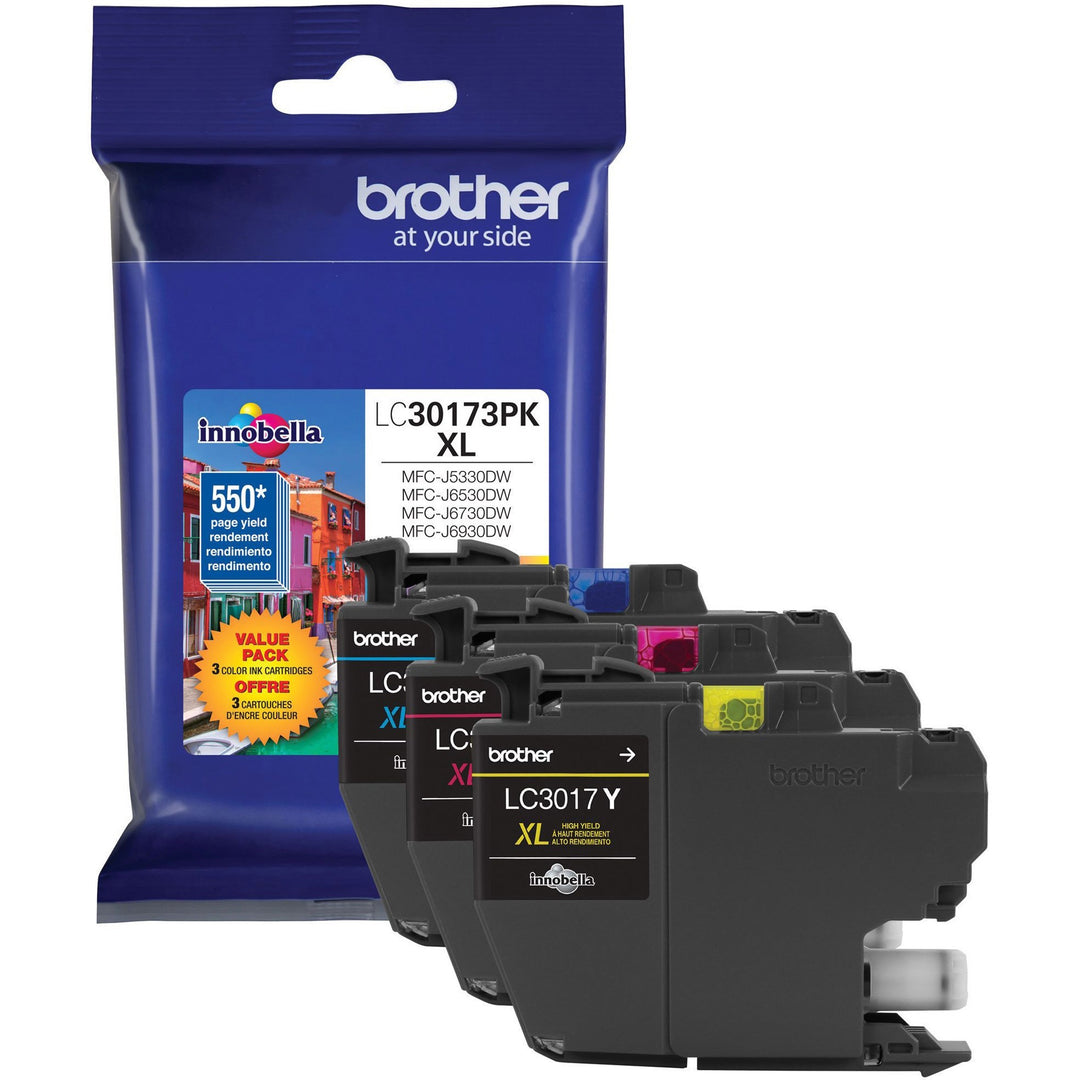 Image of Brother Innobella LC30173PK Genuine 3 Pack High Yield Color Ink Cartridges, 550 Pages Cyan, 550 Pages Magenta, 550 Pages Yellow, 3 / Pack