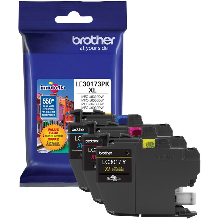 Image of Brother Innobella LC30173PK Genuine 3 Pack High Yield Color Ink Cartridges, 550 Pages Cyan, 550 Pages Magenta, 550 Pages Yellow, 3 / Pack
