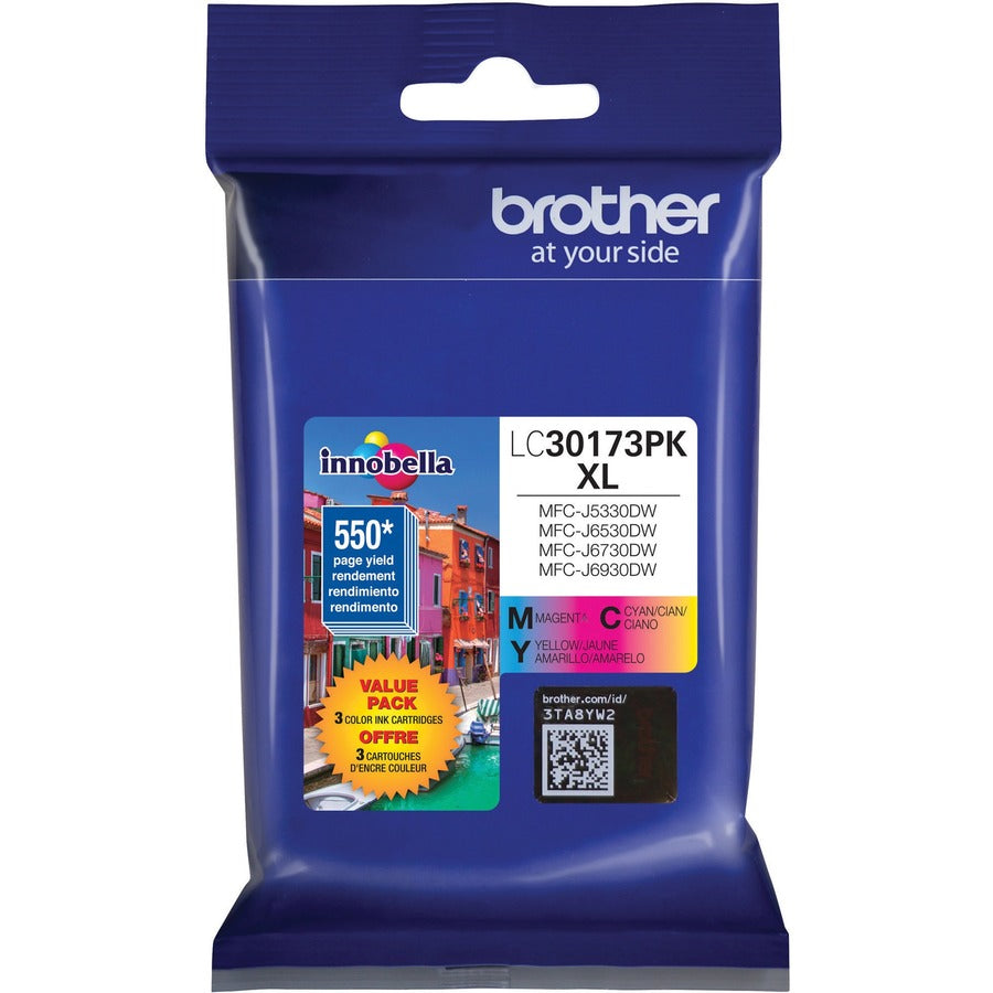 Image of Brother Innobella LC30173PK Genuine 3 Pack High Yield Color Ink Cartridges, 550 Pages Cyan, 550 Pages Magenta, 550 Pages Yellow, 3 / Pack