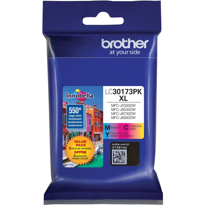 Image of Brother Innobella LC30173PK Genuine 3 Pack High Yield Color Ink Cartridges, 550 Pages Cyan, 550 Pages Magenta, 550 Pages Yellow, 3 / Pack