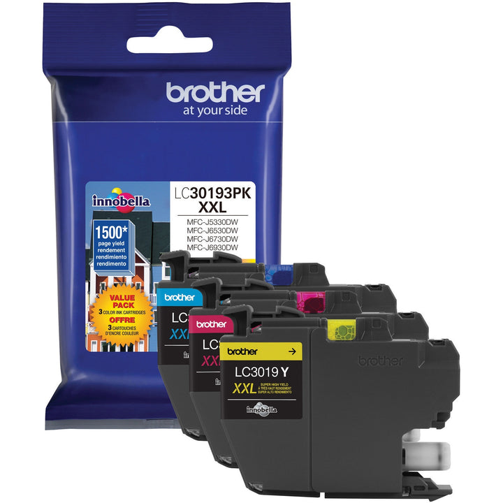 Image of Brother Innobella LC30193PK Genuine 3 Pack Super High Yield Color Ink Cartridges, 1500 Pages Cyan, 1500 Pages Magenta, 1500 Pages Yellow, 3 / Pack