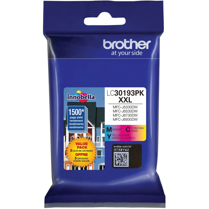 Image of Brother Innobella LC30193PK Genuine 3 Pack Super High Yield Color Ink Cartridges, 1500 Pages Cyan, 1500 Pages Magenta, 1500 Pages Yellow, 3 / Pack
