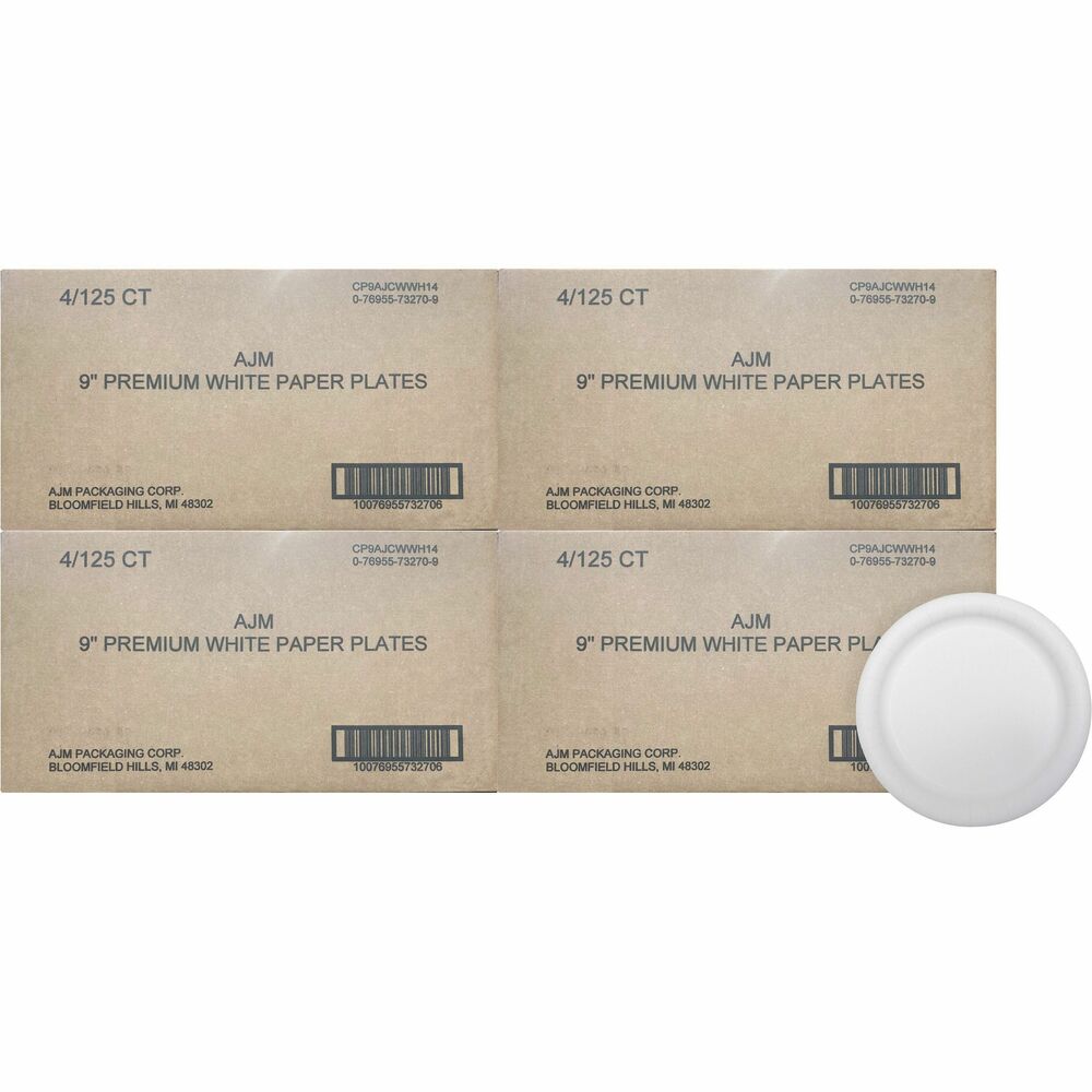 Image of AJM Packaging Plates, Coated Paper, Round, 9" Dia,125/PK,4PK/CT,White