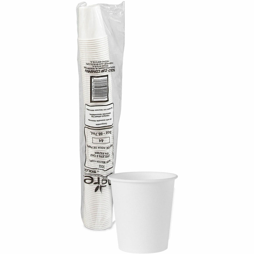 Image of Solo Bare 442050 3 oz Treated Paper Water Cups, 3 fl oz, White, Paper, Water, 100 / Pack
