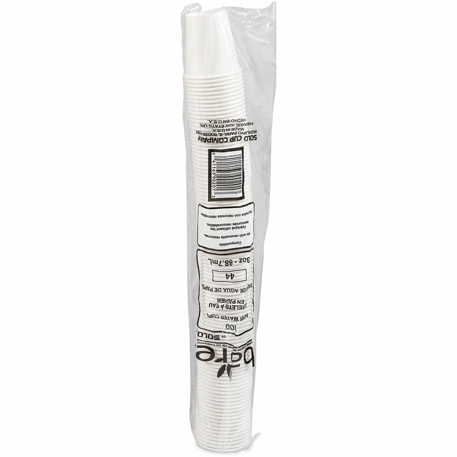 Image of Solo Bare 442050 3 oz Treated Paper Water Cups, 3 fl oz, White, Paper, Water, 100 / Pack