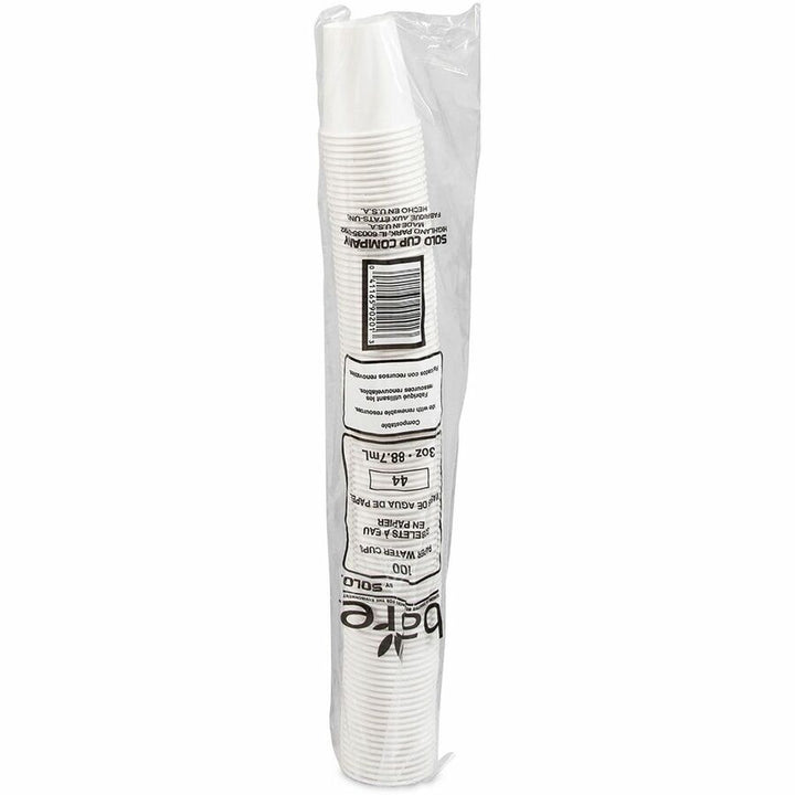Image of Solo Bare 442050 3 oz Treated Paper Water Cups, 3 fl oz, White, Paper, Water, 100 / Pack