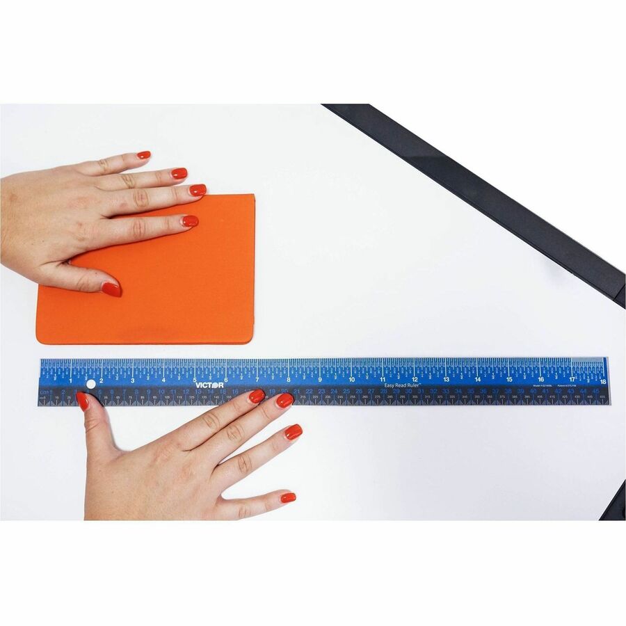 Image of Victor® Easy Read Stainless Steel Ruler, Standard/metric, 18".25 Long, Blue