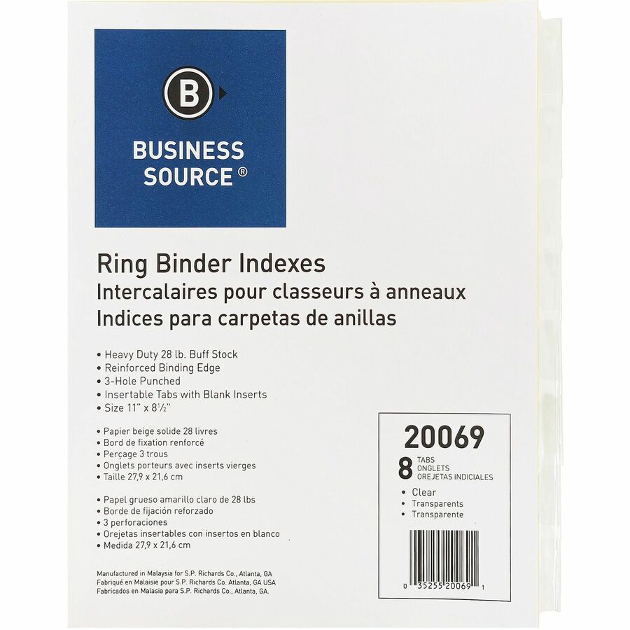 Image of Business Source Binder Indexes, 1/2" Tabs, 11"x8-1/2",8 Tab, 50ST/BX, CL