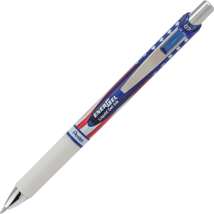 Image of Pentel® EnerGel RTX Gel Pen, Retractable, Medium 0.7 mm, Black Ink, Stars and Stripes Metallic Red Barrel, 5/Pack