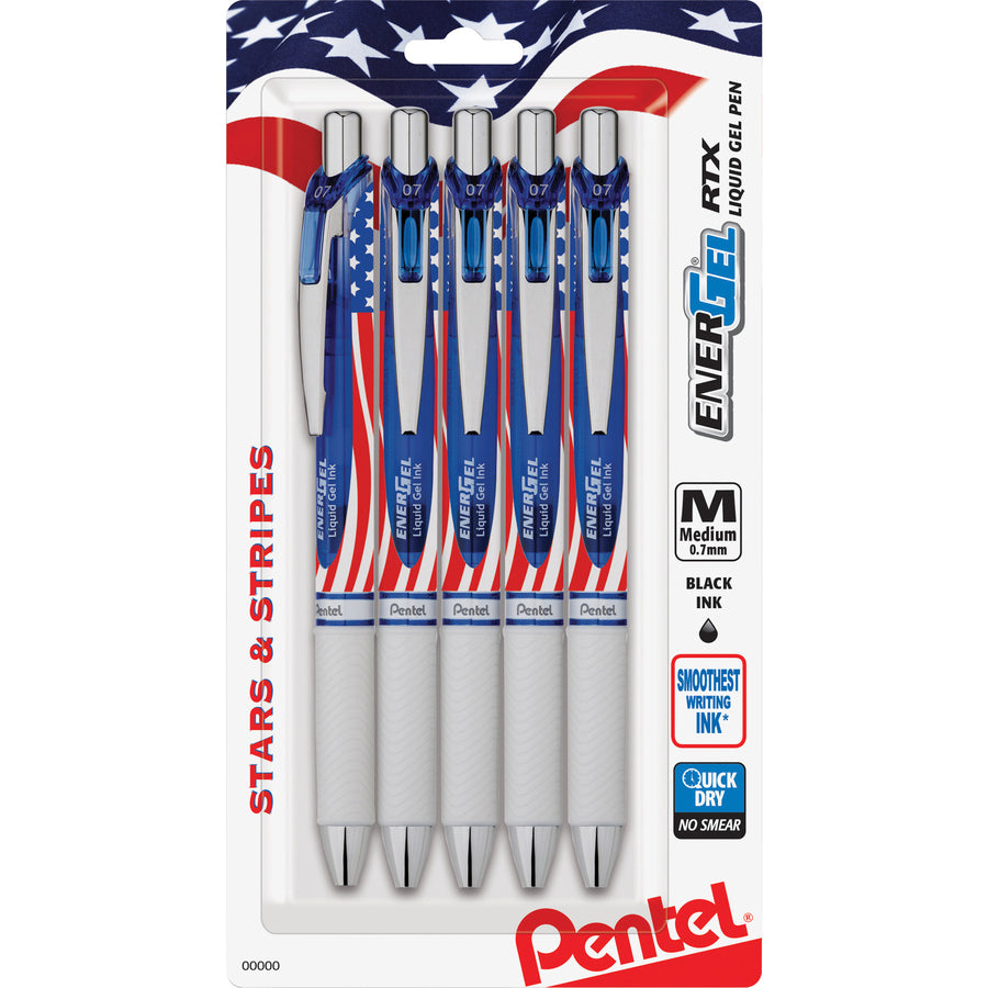 Image of Pentel® EnerGel RTX Gel Pen, Retractable, Medium 0.7 mm, Black Ink, Stars and Stripes Metallic Red Barrel, 5/Pack