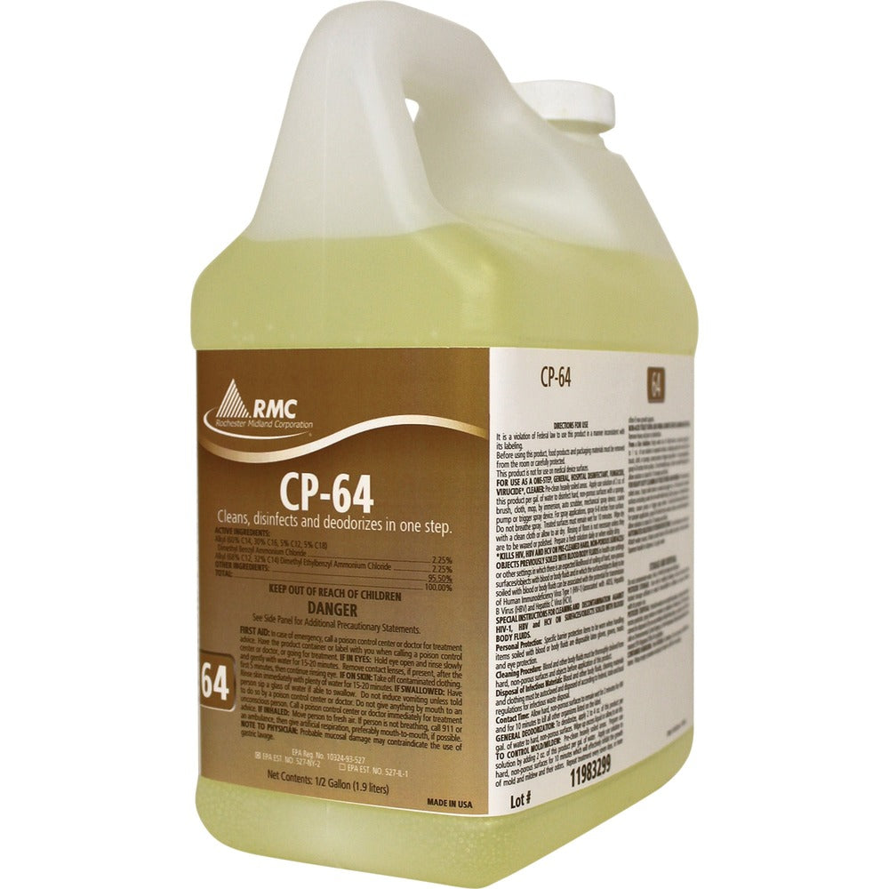 Image of Rochester Midland Corporation Disinfectant Cleaner, CP-64, Lemon Scent, 1/2Gal, 4/CT, YW