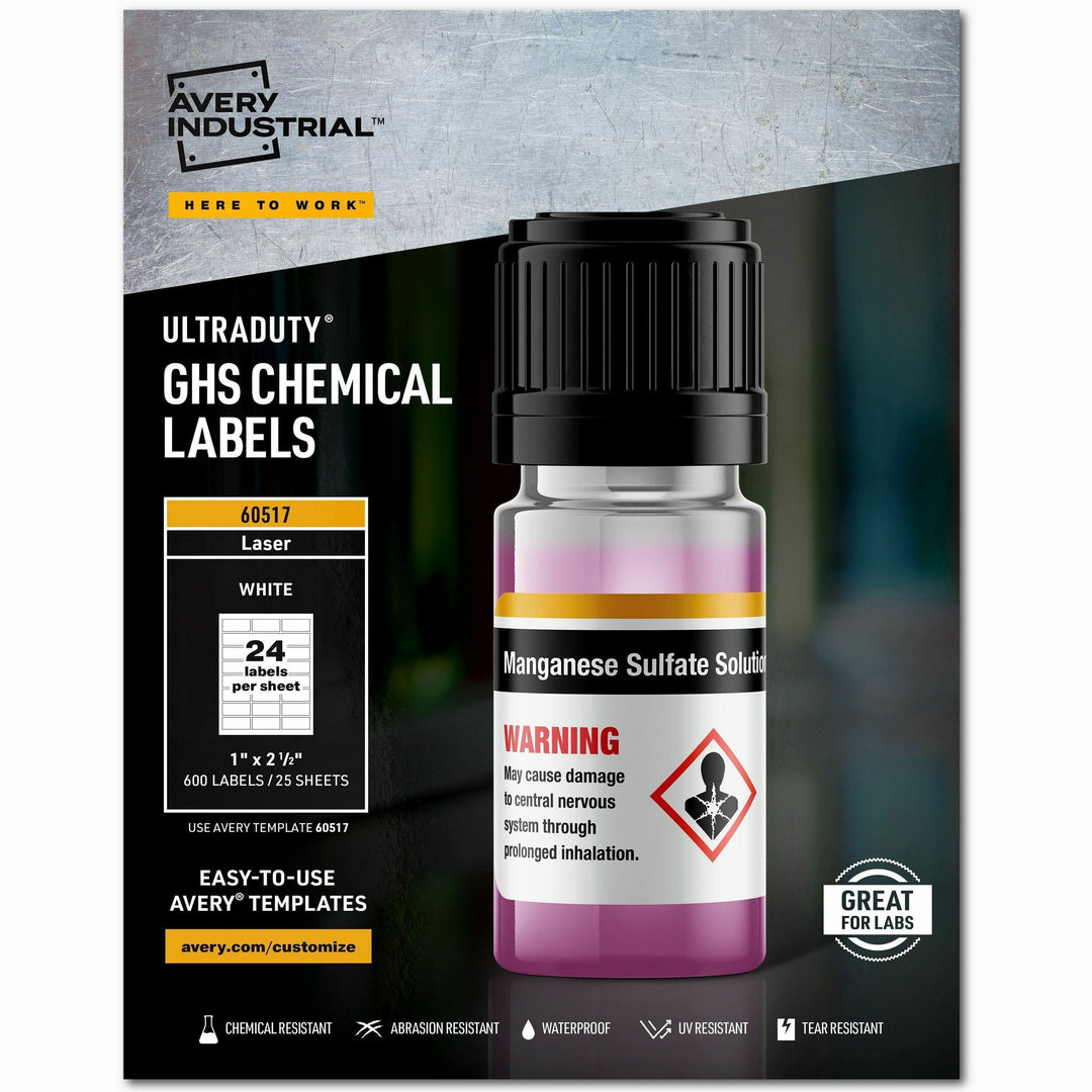 Image of Avery® Ultraduty Ghs Chemical Waterproof And Uv Resistant Labels, 1 X 2.5, White, 24/sheet, 25 Sheets/pack