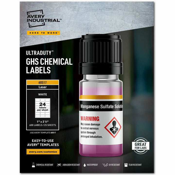 Image of Avery® Ultraduty Ghs Chemical Waterproof And Uv Resistant Labels, 1 X 2.5, White, 24/sheet, 25 Sheets/pack