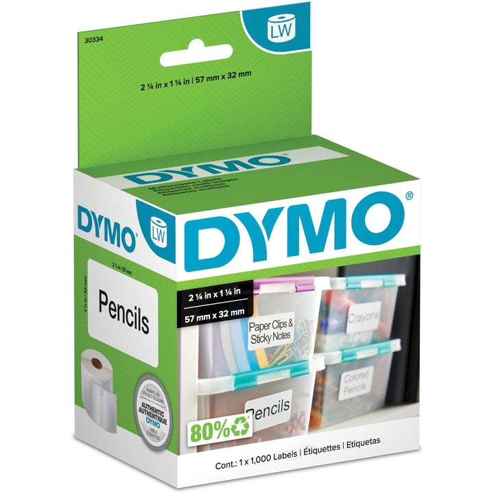 Image of Dymo LabelWriter 30334 LW Multi-Purpose Labels, 2 1/4" W x 1 1/4" Length, Removable Adhesive, White, 1000 Total Label(s), 1 Roll