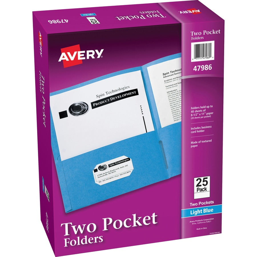 Image of Avery® 2-Pocket Folder,Letter-size,20Sh/Pocket,125/CT,Light Blue