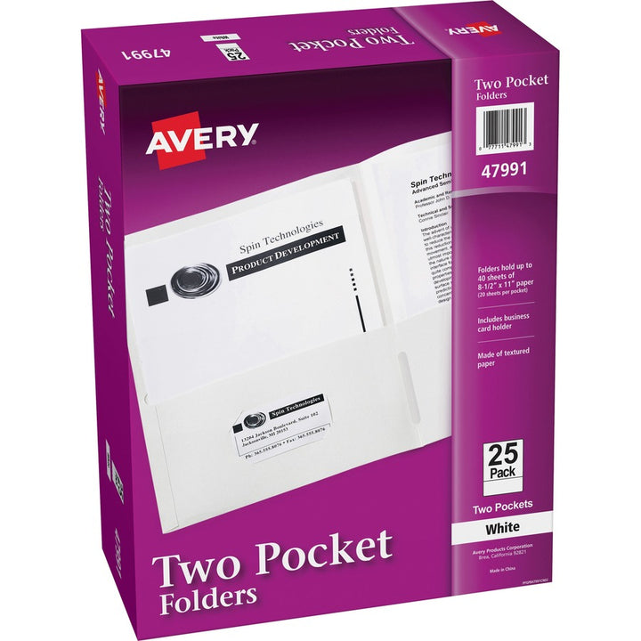 Image of Avery® 2-Pocket Folder, Letter-size, 20Sh/Pocket, 125/CT, White