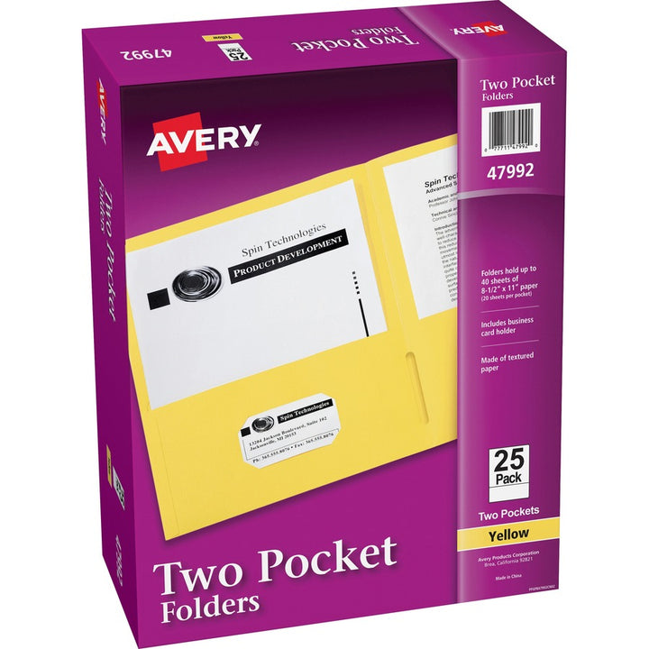 Image of Avery® 2-Pocket Folder, Letter-size, 20Sh/Pocket, 125/CT, Yellow