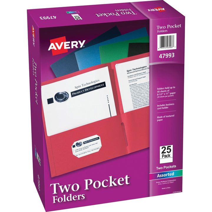 Image of Avery® 2-Pocket Folder, Letter-size, 20Sh/Pocket, 125/CT, Assorted