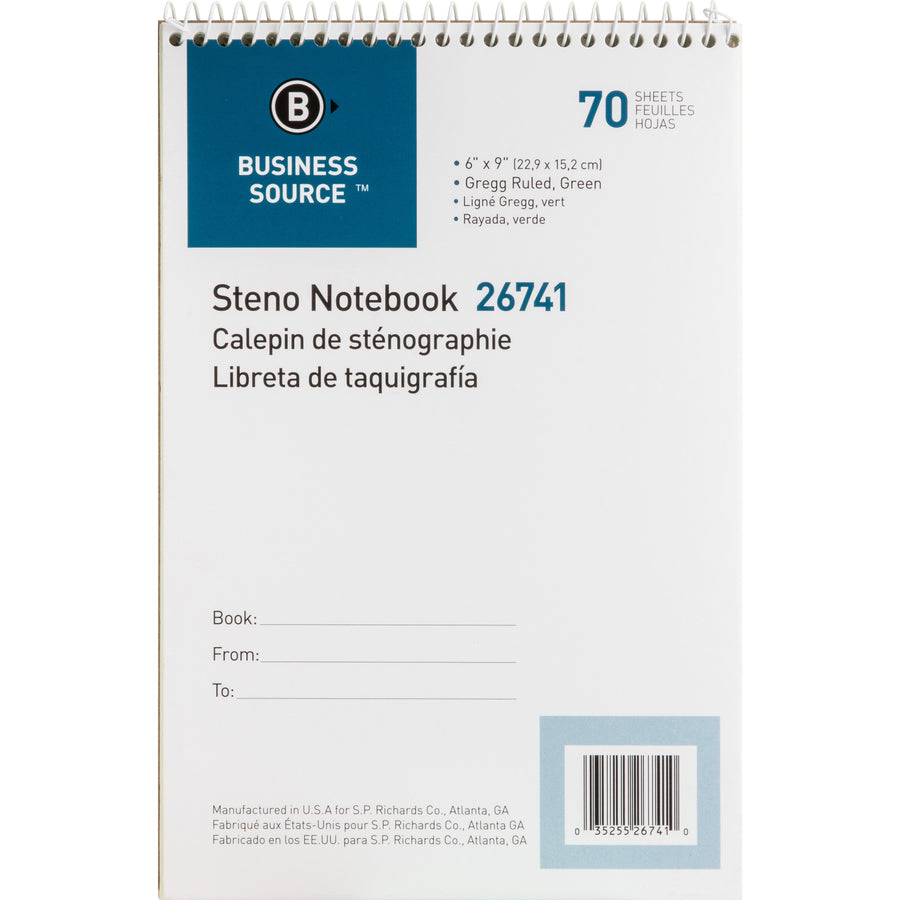 Image of Business Source Steno Notebook,Gregg Ruled,6"x9",70 Sheets, 12/PK, GN Paper