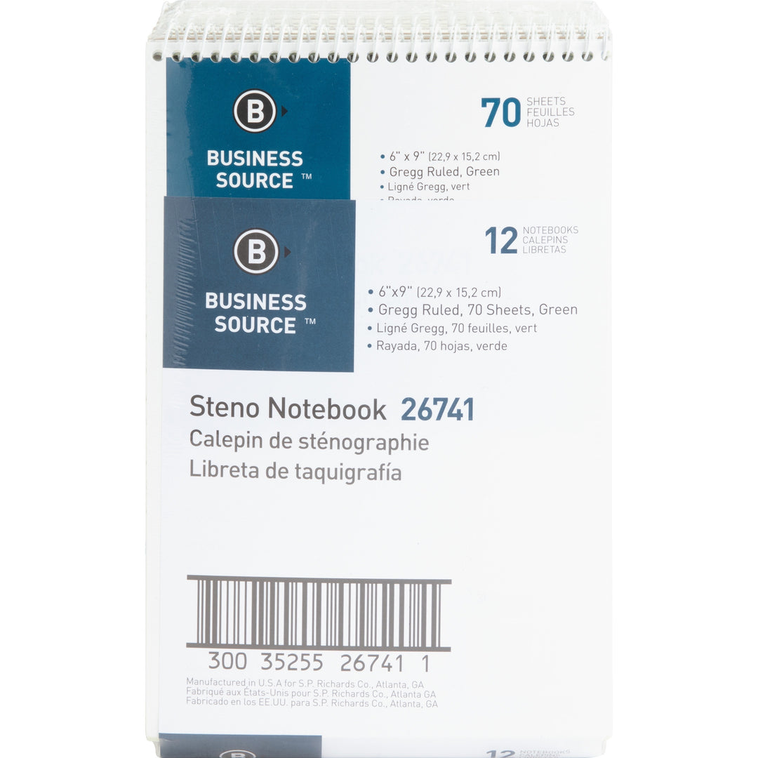 Image of Business Source Steno Notebook,Gregg Ruled,6"x9",70 Sheets, 12/PK, GN Paper