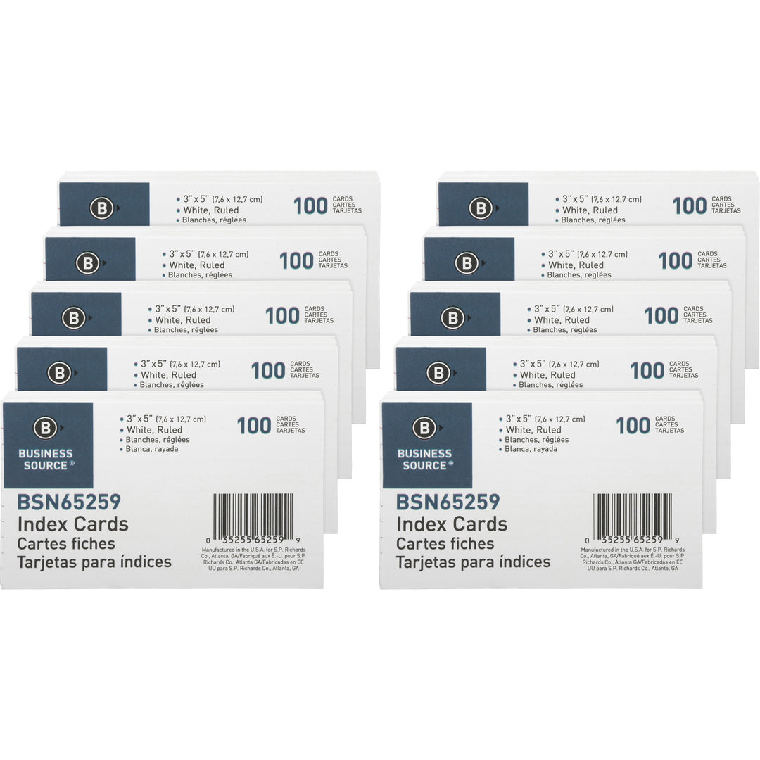 Image of Business Source Index Cards, Ruled, 72 lb., 3"x5", 100/PK, 10PK/BX, White