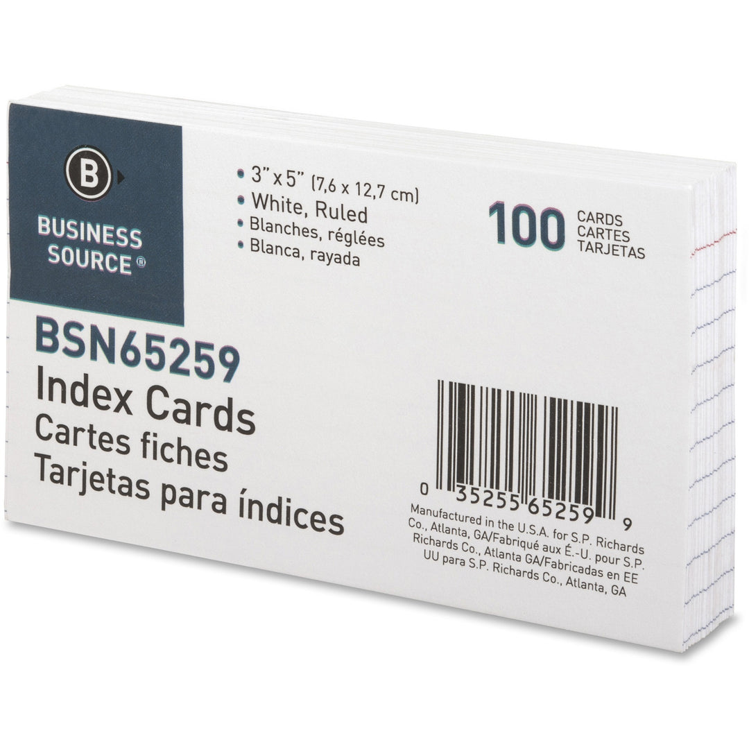 Image of Business Source Index Cards, Ruled, 72 lb., 3"x5", 100/PK, 10PK/BX, White