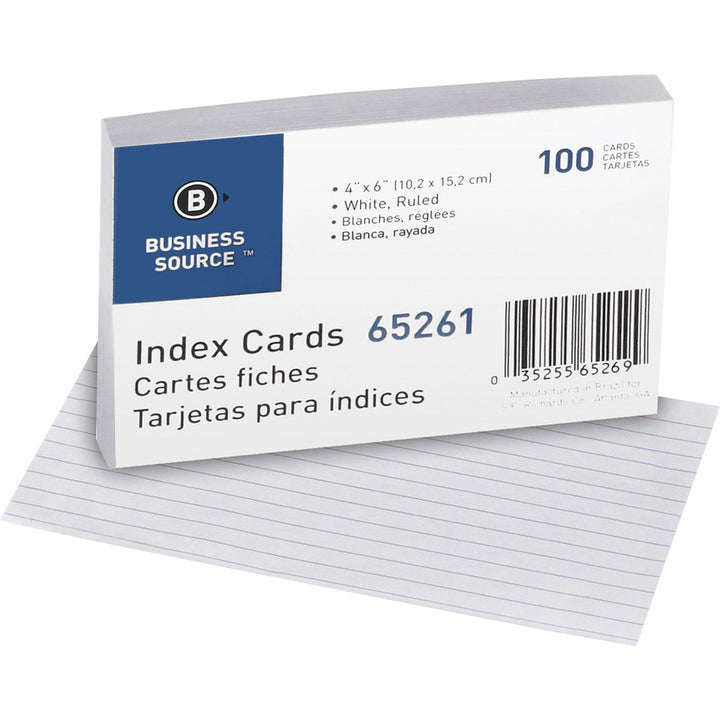 Image of Business Source Index Cards, Ruled, 72 lb., 4"x6", 100/PK, 10PK/BX, White