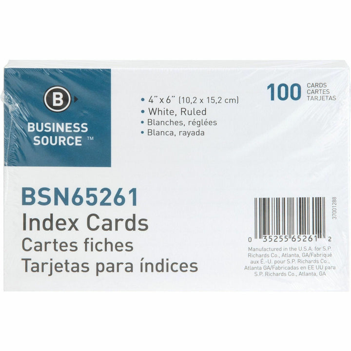 Image of Business Source Index Cards, Ruled, 72 lb., 4"x6", 100/PK, 10PK/BX, White