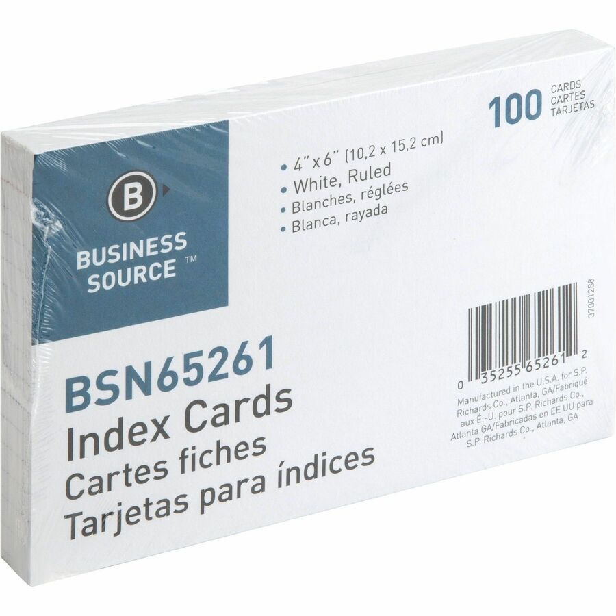 Image of Business Source Index Cards, Ruled, 72 lb., 4"x6", 100/PK, 10PK/BX, White