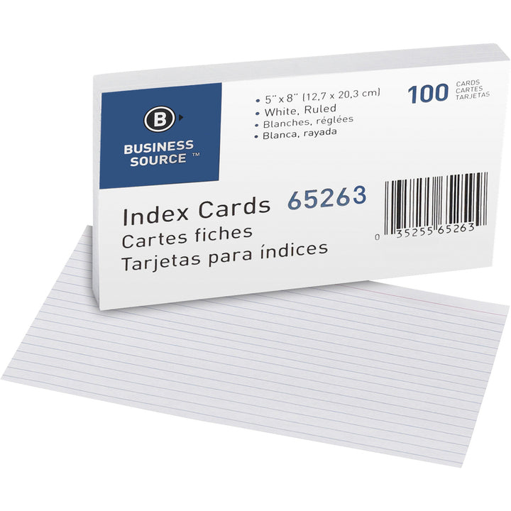 Image of Business Source Index Cards, Ruled, 72 lb., 5"x8", 100/PK, 5/BX, White