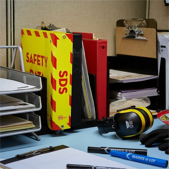 Image of Avery® Heavy-Duty Preprinted Safety Data Sheet Binder, 3 Rings, 3" Capacity, 11 X 8.5, Yellow/red