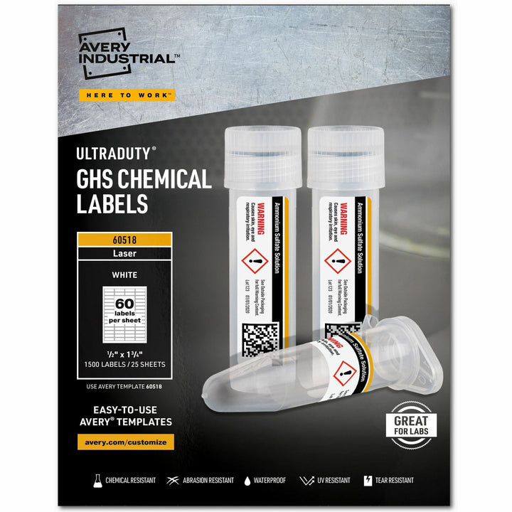 Image of Avery® Ultraduty Ghs Chemical Waterproof And Uv Resistant Labels, 0.5 X 1.75, White, 60/sheet, 25 Sheets/pack