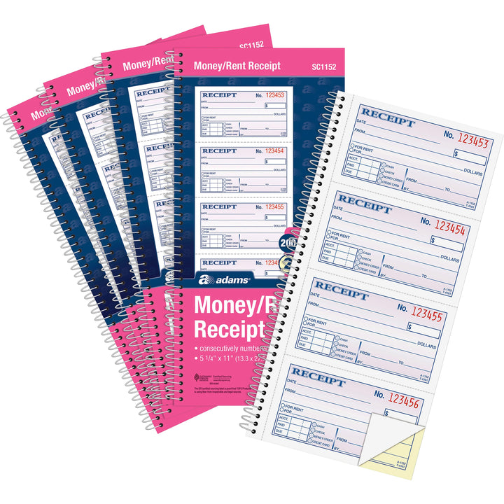 Image of Adams Money Receipt Book,Spiral,2Pt,200 Shts,7-5/8"x11",5/PK,WE/CA