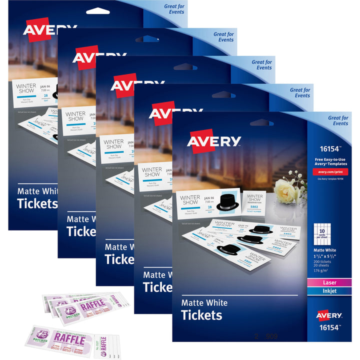 Image of Avery® Tickets,w/TearStub,Laser/Inkjet,1-3/4"x5-1/2",200/PK,5/CT,WE