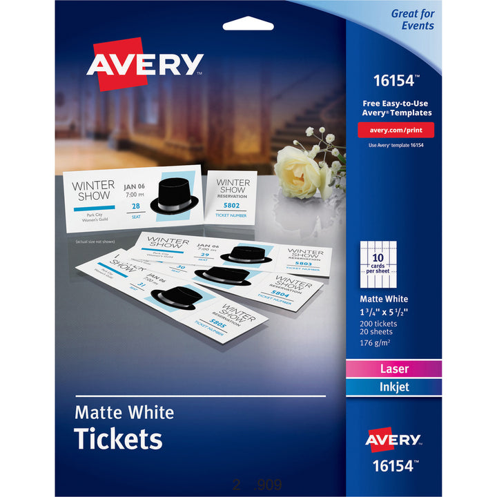 Image of Avery® Tickets,w/TearStub,Laser/Inkjet,1-3/4"x5-1/2",200/PK,5/CT,WE