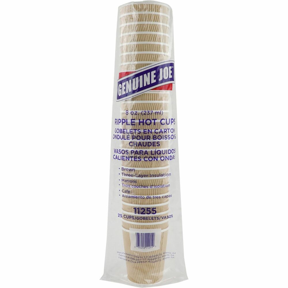 Image of Genuine Joe Hot Cups, Rippled, 8oz, 25/PK, 5/BD, Brown