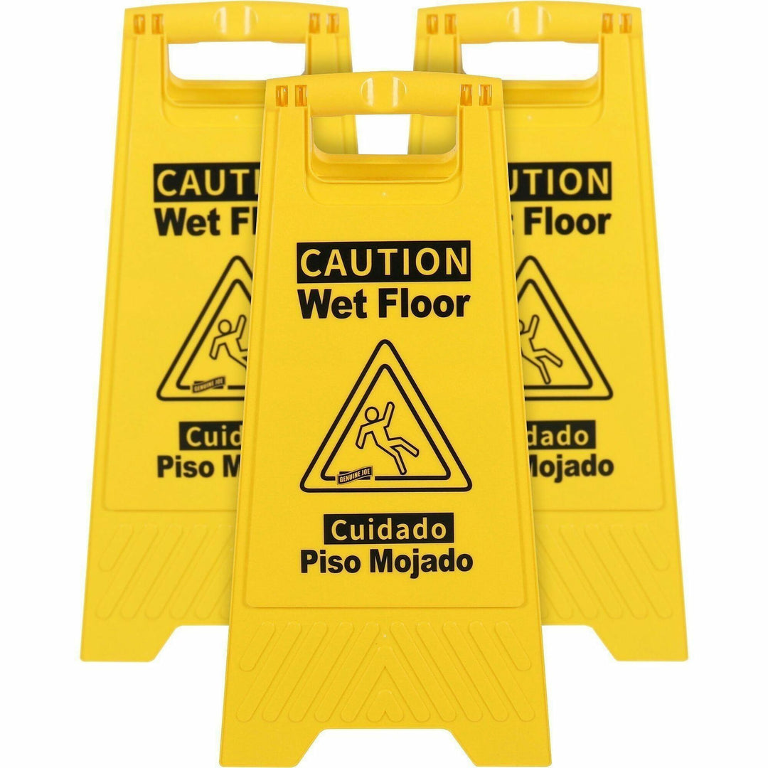 Image of Genuine Joe Sign,Wet Floor,w/Graphic,English/Spanish,6/CT,3/BD,YW/BK