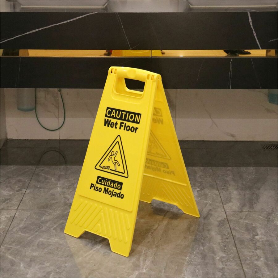 Image of Genuine Joe Sign,Wet Floor,w/Graphic,English/Spanish,6/CT,3/BD,YW/BK