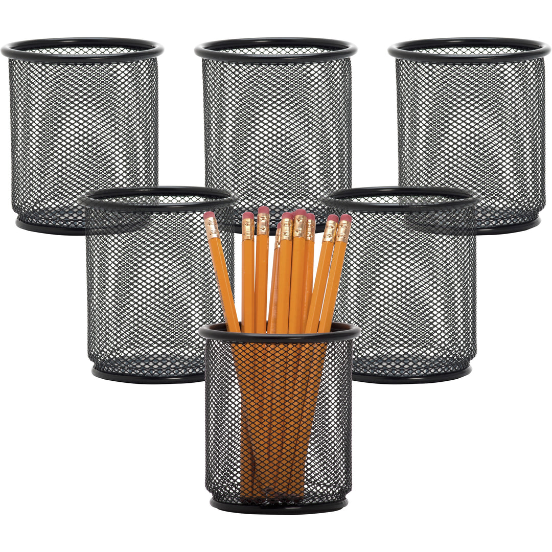 Image of Lorell Pencil Cups, Steel Mesh, 3-1/2"x3-7/8", 6/BX, Black