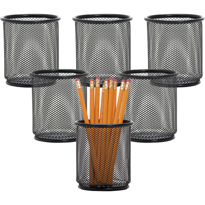 Image of Lorell Pencil Cups, Steel Mesh, 3-1/2"x3-7/8", 6/BX, Black