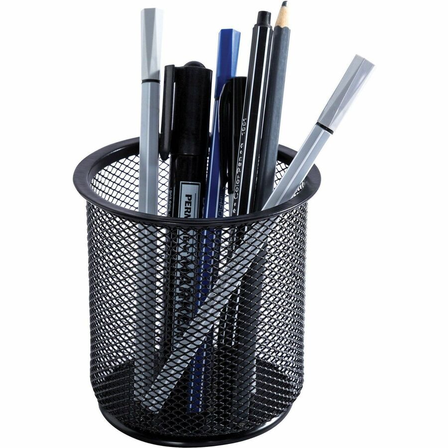 Image of Lorell Pencil Cups, Steel Mesh, 3-1/2"x3-7/8", 6/BX, Black