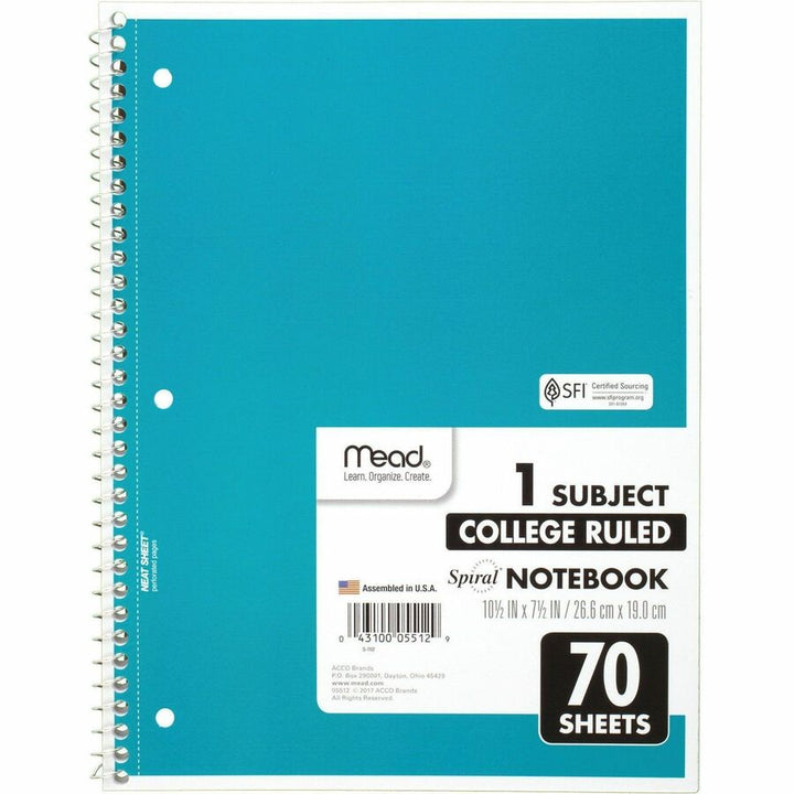 Image of Mead® Notebooks, Spiral, 1-Subject, 70 Sht, 8"x10-1/2", 12/BD, AST