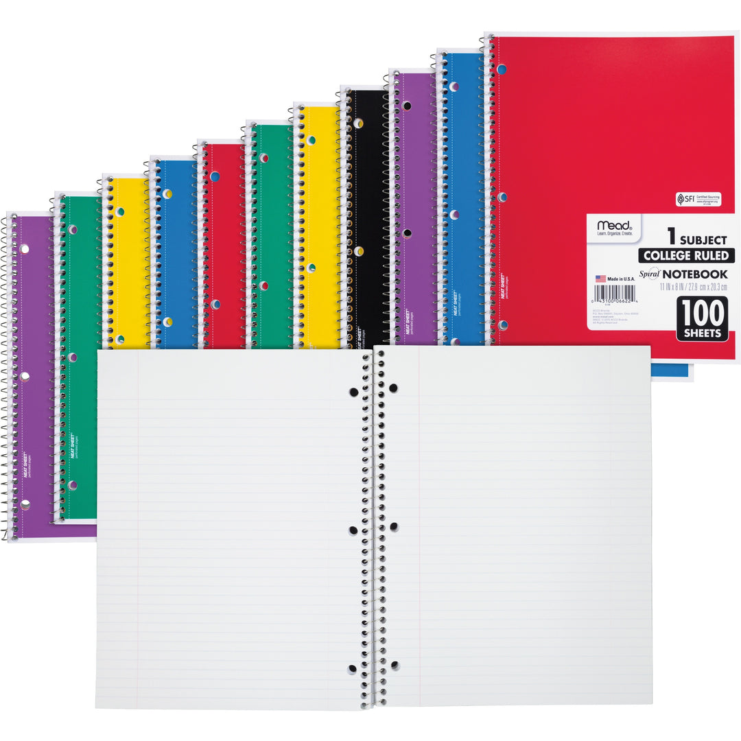 Image of Mead® Notebooks, Spiral, 1-Subject,100 Sht, 8"x10-1/2", 12/BD, AST