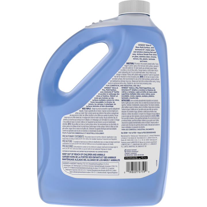 Image of Windex® 696503 Glass Cleaner with Ammonia-D, 128 fl oz (4 quart), Non-streaking, Phosphate-free, Blue, 1 Each