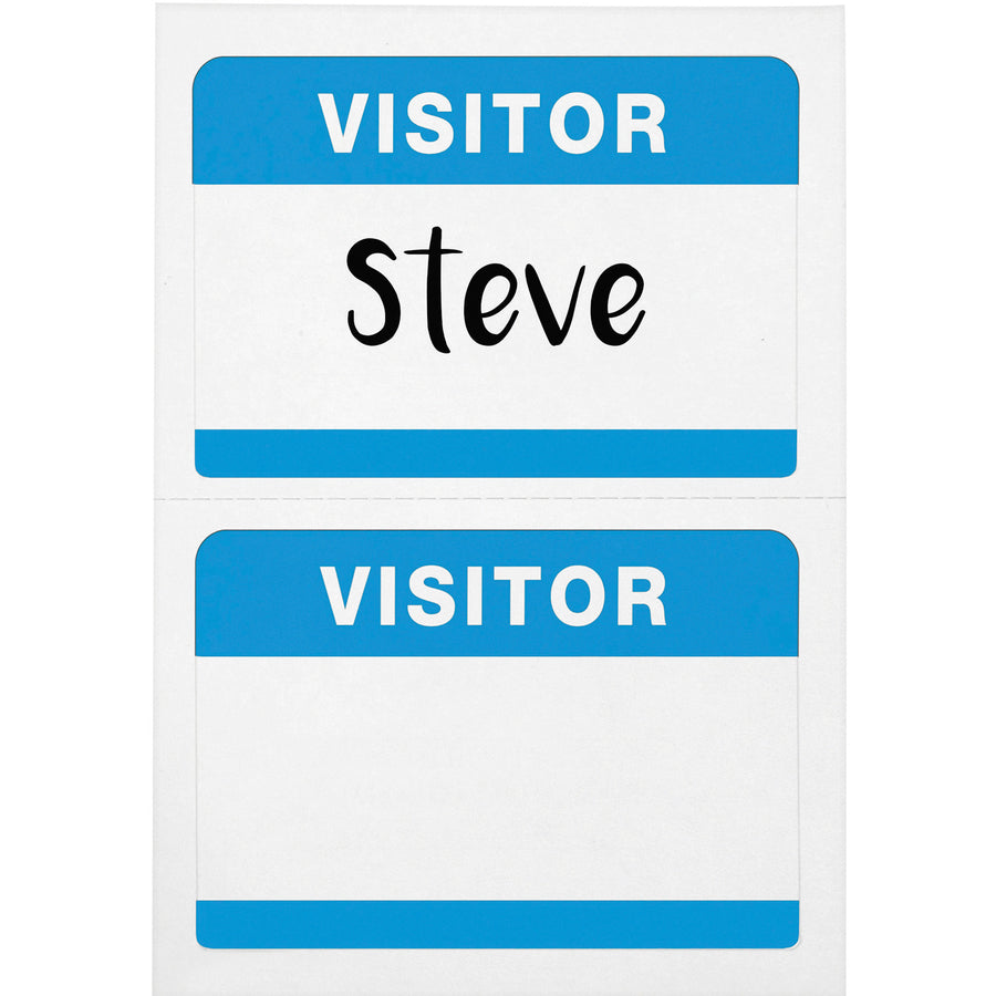Image of Advantus 97190 Self-Adhesive Visitor Badges, Visitor, 2 1/4" H x 3 1/2" Width, Removable Adhesive, Rectangle, White, Blue, 100 / Pack