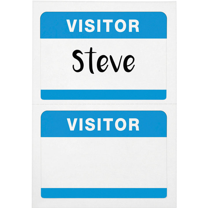 Image of Advantus 97190 Self-Adhesive Visitor Badges, Visitor, 2 1/4" H x 3 1/2" Width, Removable Adhesive, Rectangle, White, Blue, 100 / Pack