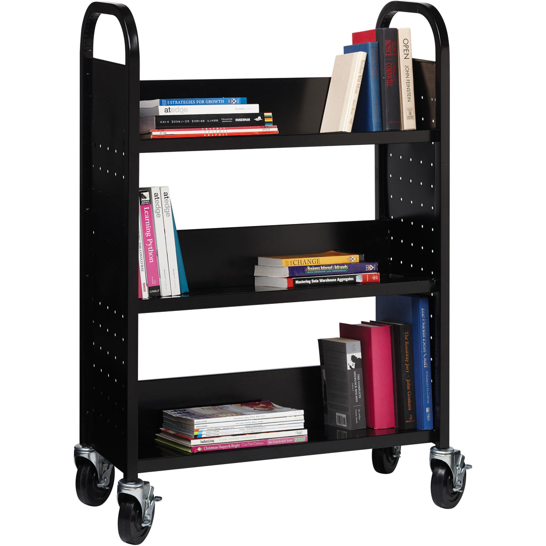 Image of Lorell Book Cart, Single-sided, 3 Slant Shelves, 32"x14"x46", BK