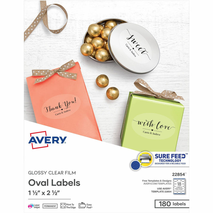 Image of Avery® Labels,Oval,18UP,Laser/Inkjet,1-1/2"x2-1/2",180/PK,Glossy CL