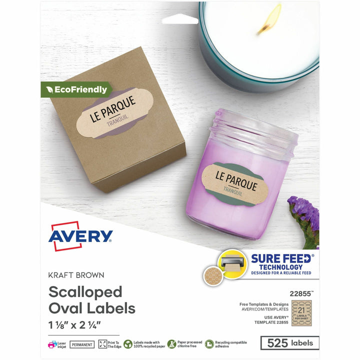 Image of Avery® Labels, Oval Scallop, 21UP, 2-1/4"x1-1/8", 525/PK, Brown